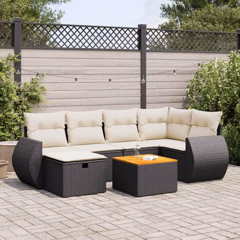 Set di divani da giardino vidaXL a forma di L in polyrattan con 7 pezzi e cuscini inclusi, colore nero