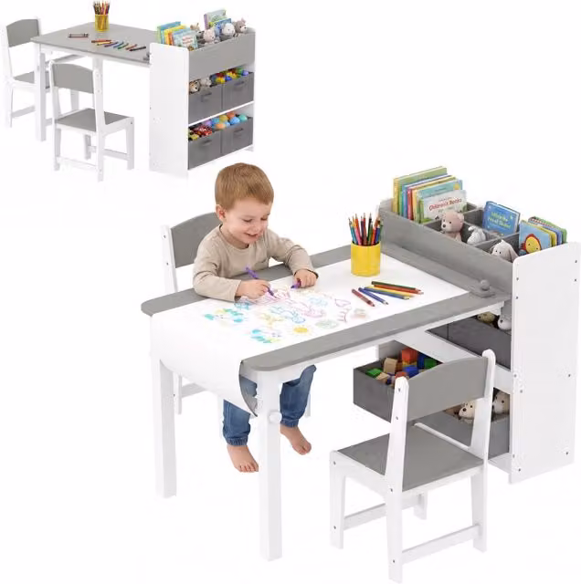 Set tavolo e 2 sedie per bambini in legno con rotolo di carta, ripiani e cassetti, pratico e robusto per cameretta e gioco, grigio