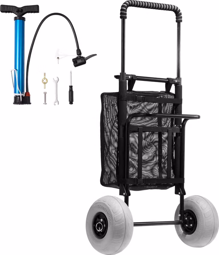 Carrello da spiaggia SucceBuy con ruote grandi per la sabbia. area di carico di 20,1" x 14,6". Carrello pieghevole con ruote a palloncino da 9", portata di 165 libbre. altezza regolabile da 27,2" a 44,9". Ideale per la spiaggia.