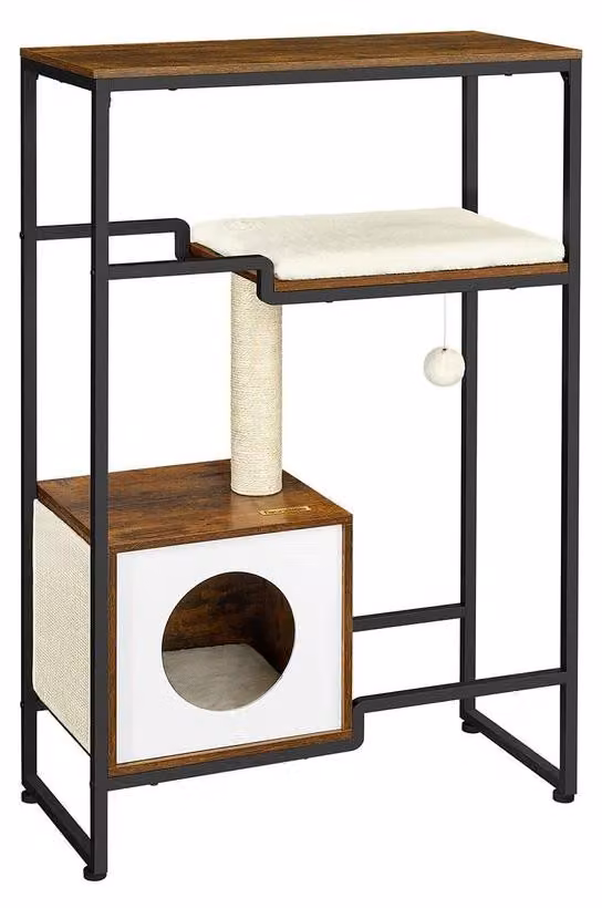 Albero per gatti con casetta e ripiano – Colore marrone vintage – 74 x 34 x 114 cm