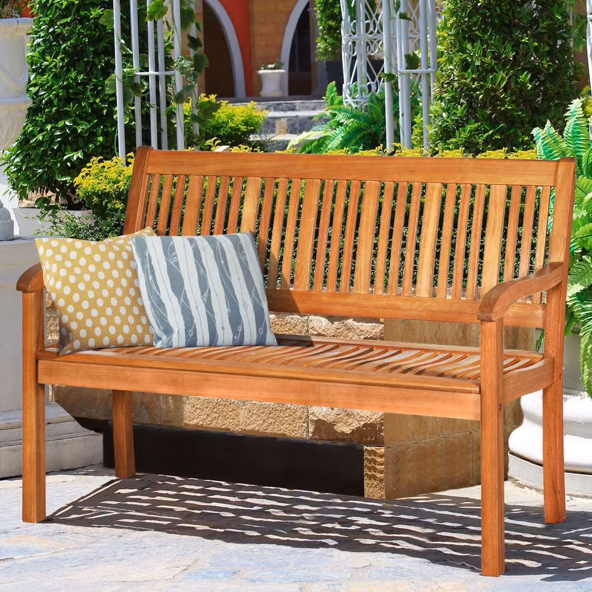 Panchina da giardino Costway in legno trattato marrone per 2 persone con braccioli L: 126 cm, P: 63 cm, H: 91 cm – 3