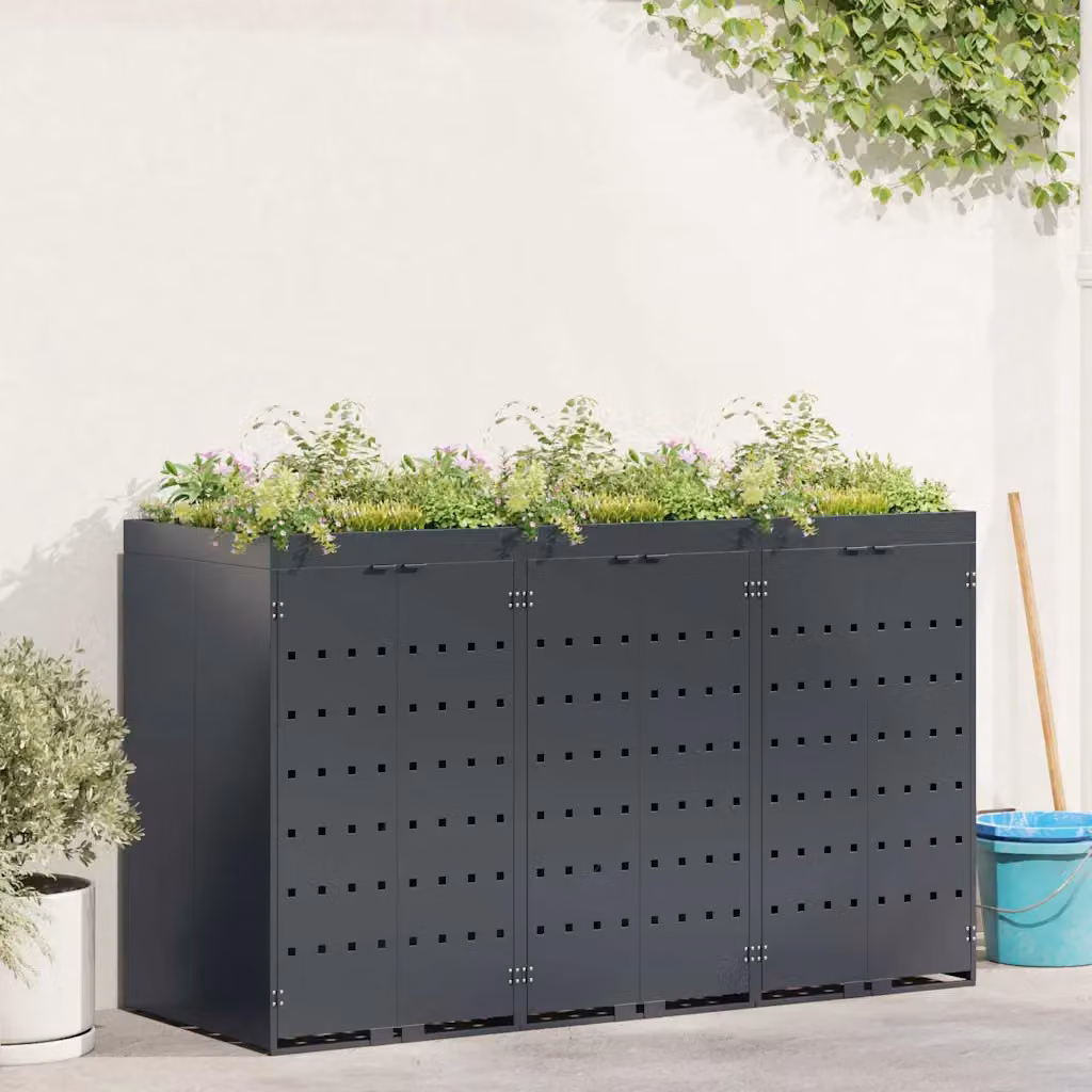 vidaXL Contenitore per 3 Bidoni in Acciaio Antracite L/P/H: 121,5 x 77,5 x 204,0 cm – 1
