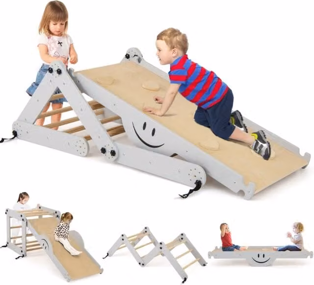 Set da arrampicata pieghevole 5 in 1 per bambini in legno regolabile, grigio, L 60 cm x P 59 cm x H 60 cm