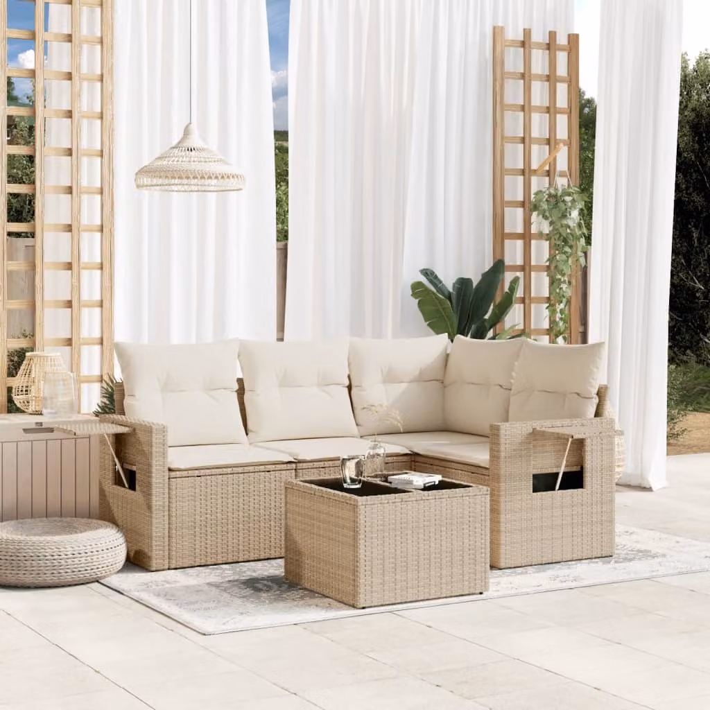 vidaXL Set Divano da Giardino a L in Polyrattan Beige con Cuscini e Tavolino da Esterno – 1