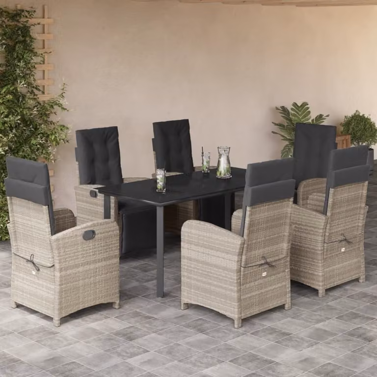 Set da pranzo da giardino vidaXL in polyrattan con piano in vetro e cuscini, 7 pezzi, grigio e nero