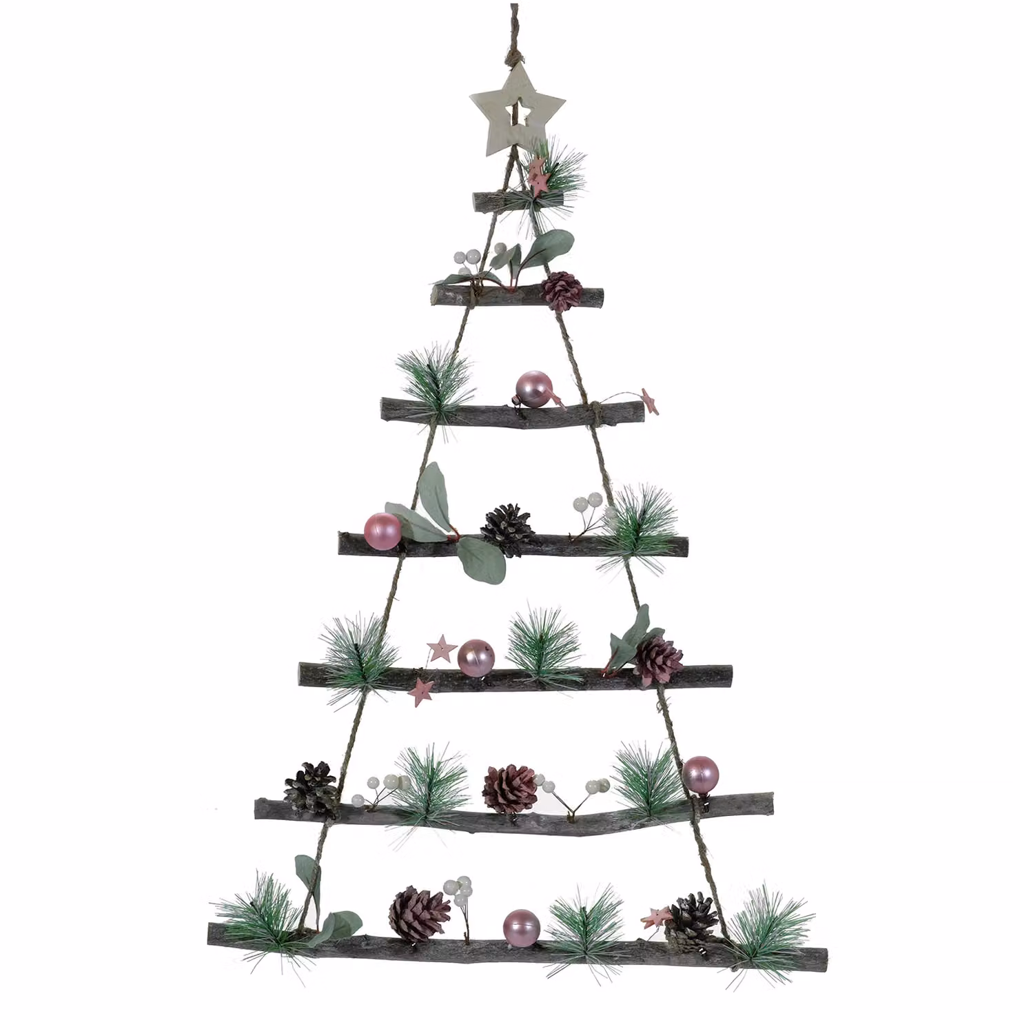 Appendino Natalizio Albero in Legno Vestiamo Casa con Rami Naturali e Decorazioni Rosa, Altezza: 68 cm – 1