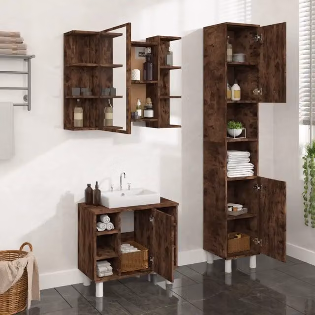 Set Mobili da Bagno 3 pz Rovere Fumo in Legno Multistrato 3187606