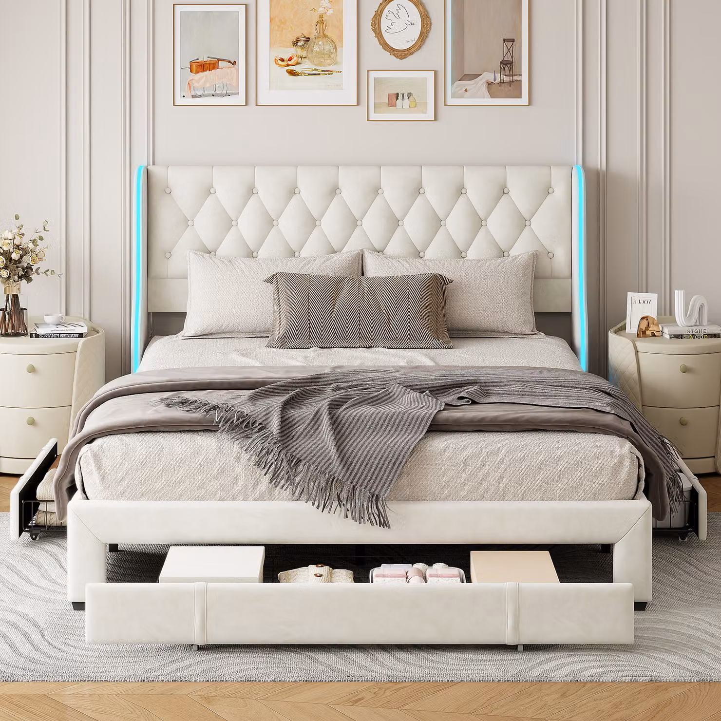 Letto imbottito CDGlobal letto matrimoniale 160x200 cm con 3 cassetti portaoggetti, illuminazione LED, letto con contenitore e testata, letto contenitore con rete a doghe in legno, velluto, beige