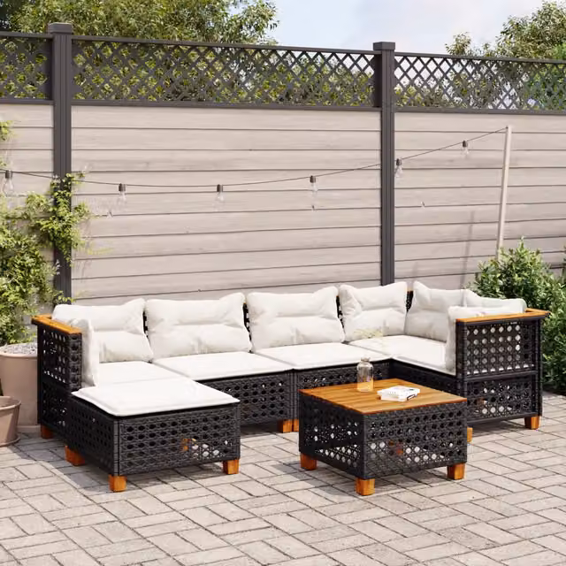 vidaXL Set di Divani da Giardino a L con Cuscini 7pz in Polyrattan Nero e Legno di Acacia – 1