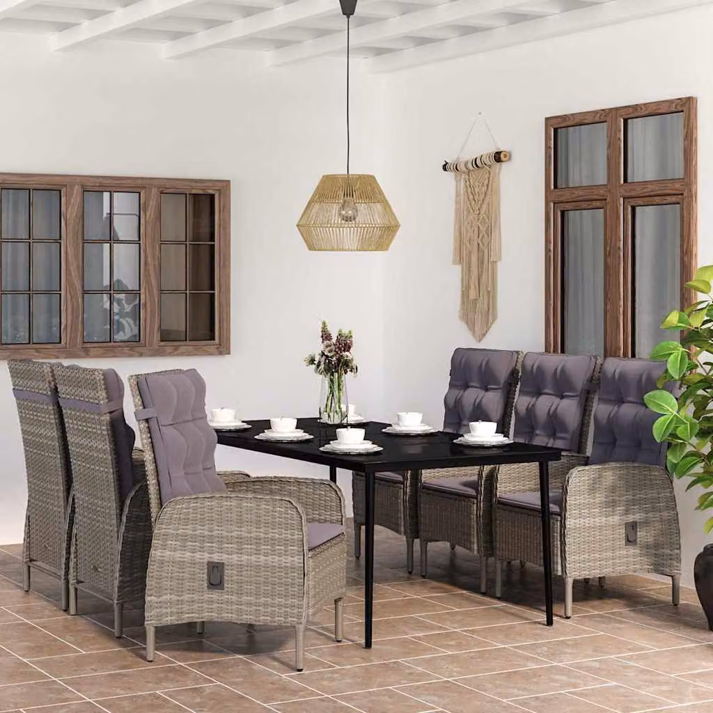 Set da pranzo da giardino vidaXL in polyrattan con tavolo in vetro e 7 pezzi, Grigio e Nero