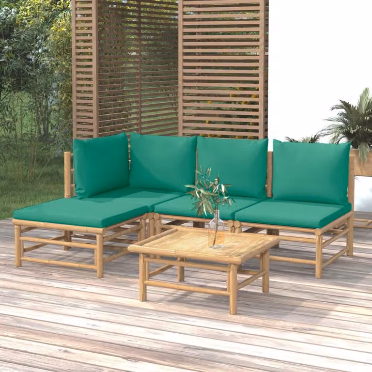 Set Salotto da Giardino vidaXL 5 Pezzi in Bambù con Cuscini Verdi e Marroni