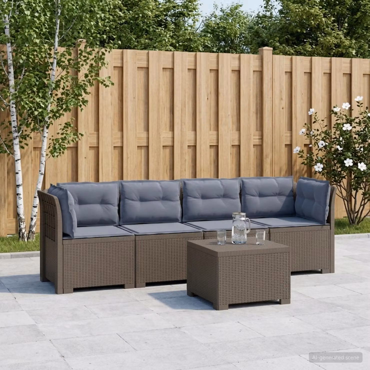 Set da giardino moderno vidaXL composto da divano da 4 posti e tavolino da caffè in stile rattan con cuscini grigi resistenti ai raggi UV