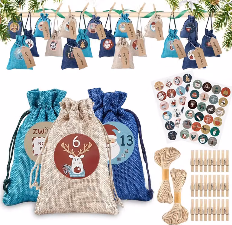 24 sacchetti per il calendario dell'Avvento Decorazione natalizia e sacchetti regalo, fai da te con adesivi