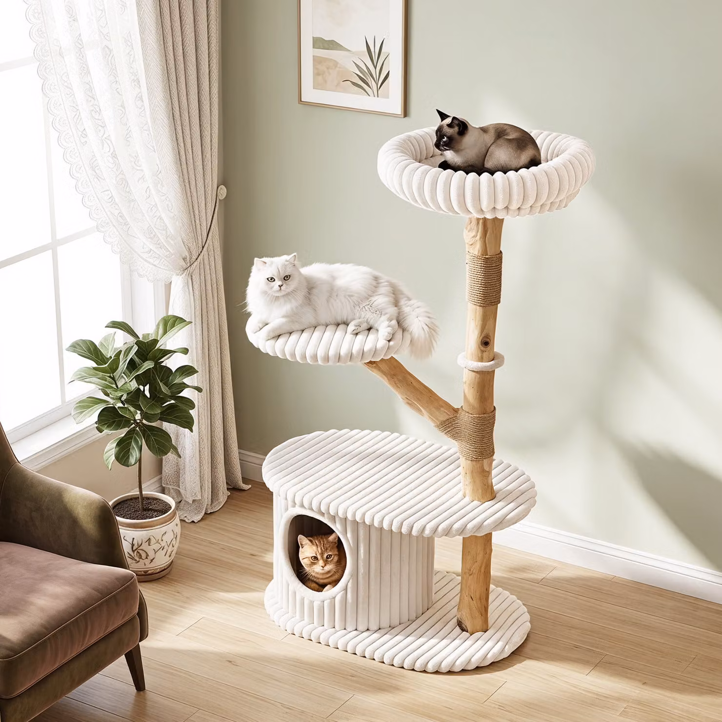 Albero per gatti Costway a 4 livelli in legno di pero con cuscino rimovibile, Tiragraffi beige per soggiorno e camera, Altezza: 105 cm