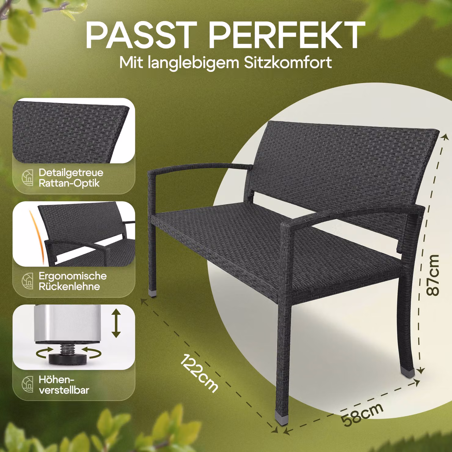 Panca da giardino Casaria a 2 posti in polyrattan nero con cuscini L: 122 cm, P: 87 cm, H: 60 cm – 3
