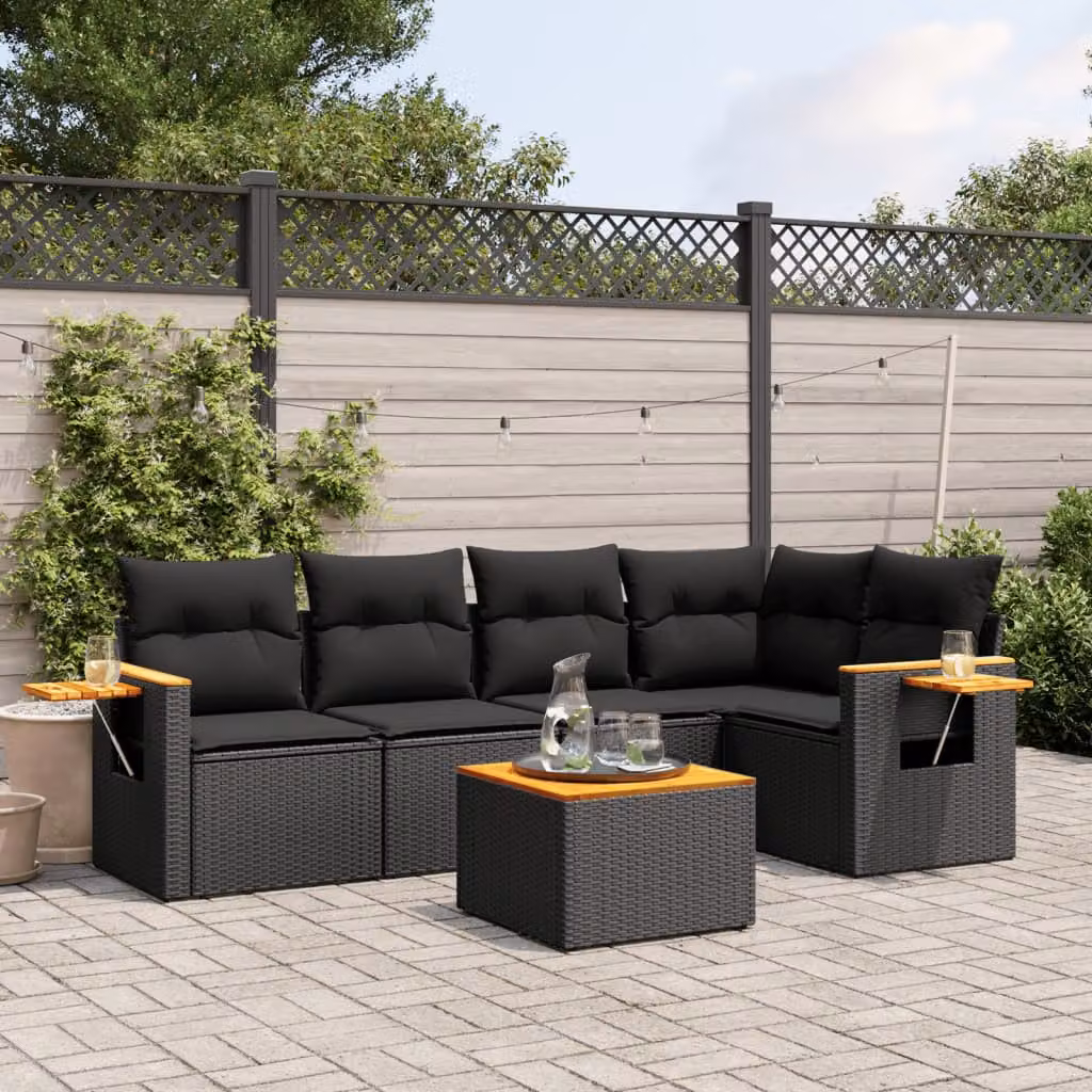 Set Divano da Giardino vidaXL 6 pz a L con Cuscini Nero in Polyrattan e Tavolino da Esterno – 1