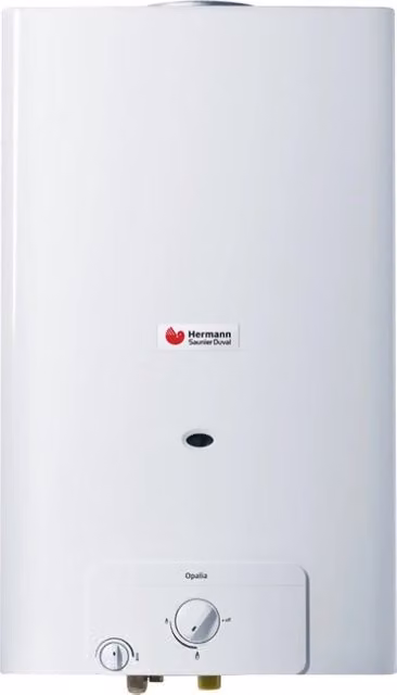 Scaldabagno a gas Opalia C Low Nox da 11 litri con camera aperta, bianco, accensione a batteria e controllo meccanico