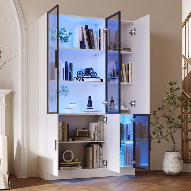 Vetrina con 3 ante in vetro e LED, 10 vani contenitore, per soggiorno e studio, bianco, 120 × 35 × 200 cm