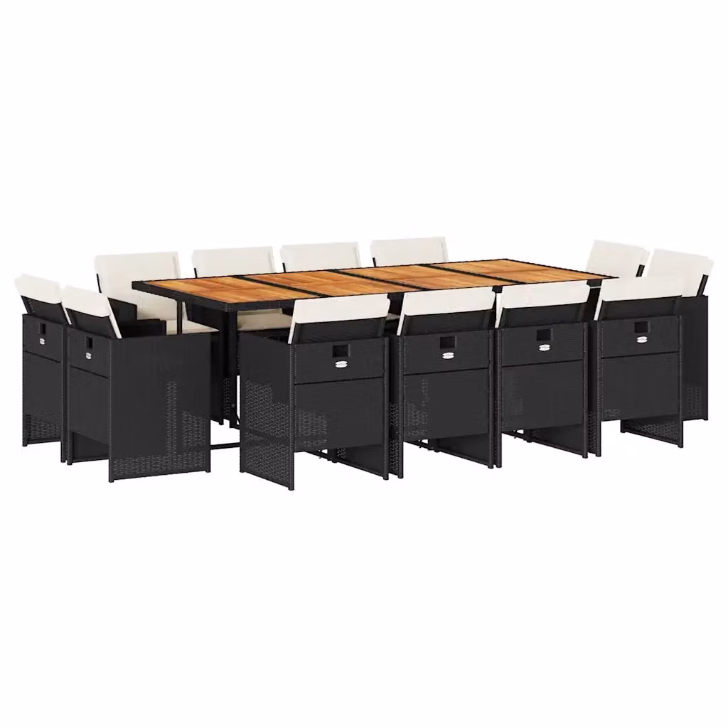 vidaXL Set da Pranzo da Giardino 13pz in Polyrattan con Tavolo in Legno di Acacia e Cuscini Nero, Marrone e Bianco – 2