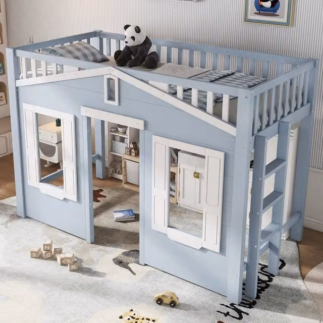 Letto a soppalco per bambini 90 × 200 cm con scala reversibile, spazio sotto il letto, senza materasso, blu e bianco