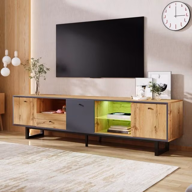 Mobile TV REDOM in stile industrial con illuminazione LED integrata, 3 ante e 1 cassetto, finitura legno e antracite, L 190 cm x P 40 cm x H 50 cm