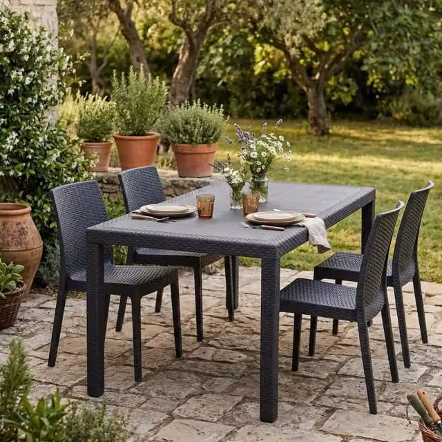 Tavolo da esterno Ariana DMORA in polyrattan nero antracite, L: 150 cm, P: 90 cm, H: 72 cm – 1