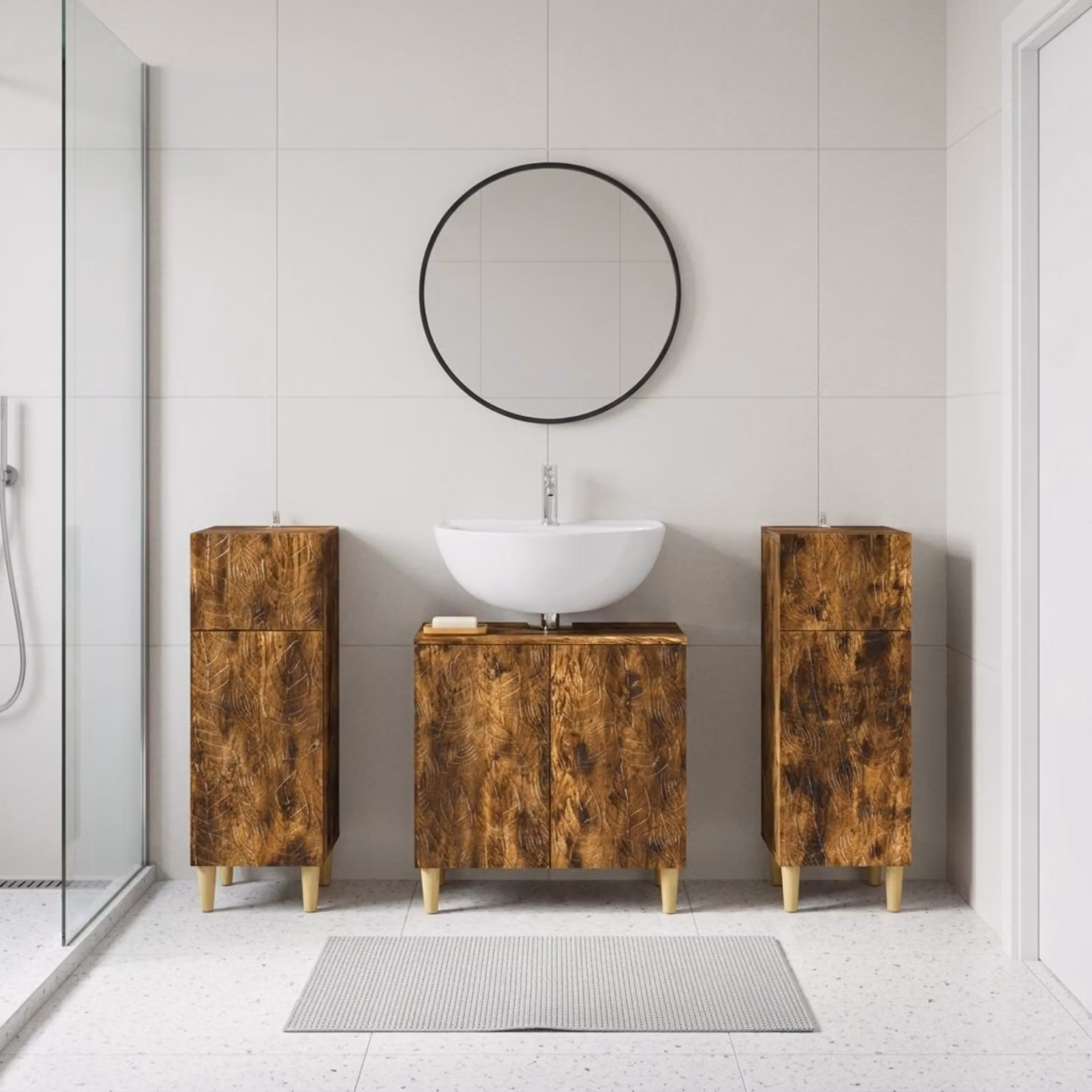 Set di mobili da bagno vidaXL DELFT in 3 pezzi in legno Rovere Fumo marrone