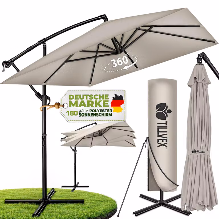 tillvex® Parasole in alluminio rettangolare, diametro 330 cm, grigio, con copertura e manovella | Parasole a gondola angolare con supporto | Parasole da giardino in alluminio con protezione UV | Parasole con manovella, impermeabile, girevole a 360°