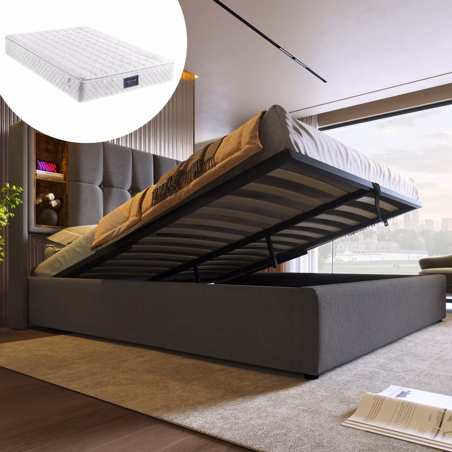 letto a molle imbottite okwish 160 x 200 cm con testata con vano contenitore e connessione di ricarica USB, letto contenitore idraulico con vano rete e illuminazione a LED (con materasso) - grigio