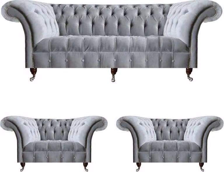 Hellgraue Chesterfield Sitzgarnitur Dreisitzer Einsitzer 2x Sessel 3tlg
