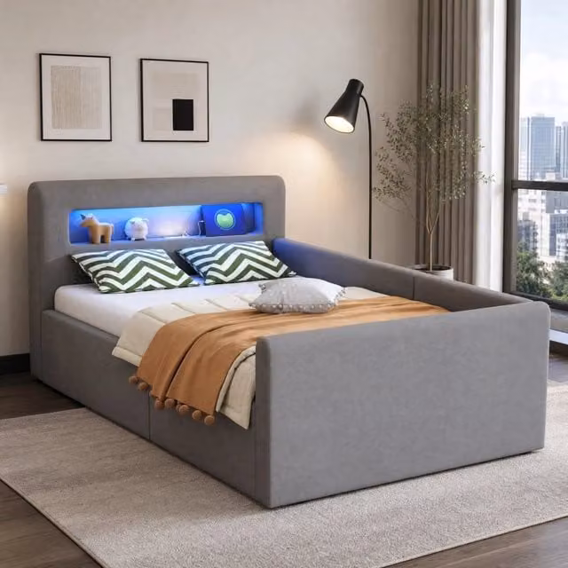 Letto singolo imbottito per bambini 90x200 cm con LED, luce notturna, porta USB, ripiano e spazio contenitore idraulico, rivestimento in velluto grigio chiaro
