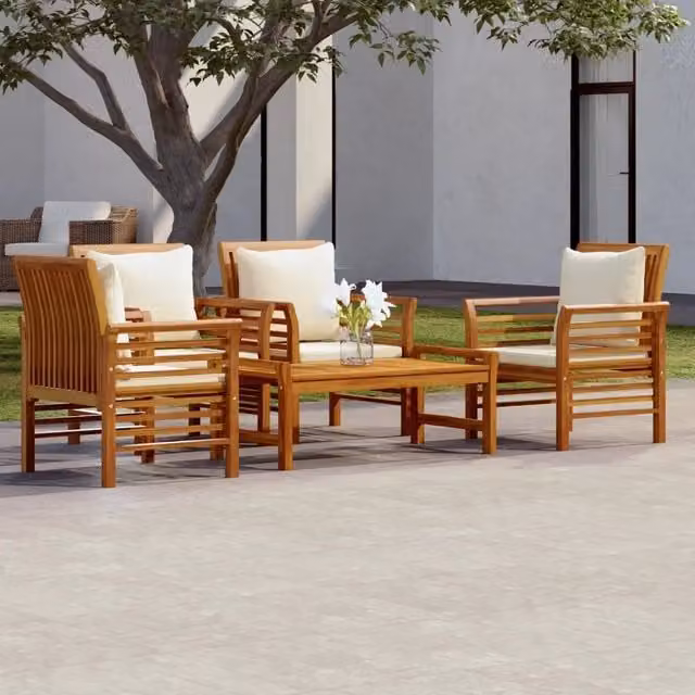 vidaXL Set Salotto da Giardino 5 pz in Legno di Acacia con Cuscini Marroni e Bianchi – 1