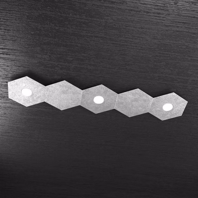 Plafoniera Moderna 5 Moduli Hexagon Metallo Foglia Argento 3 Luci Led 12X3W