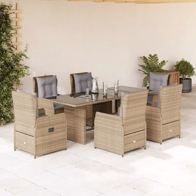 Set da pranzo da giardino vidaXL in polyrattan con cuscini beige e tavolo in vetro, 7 pezzi