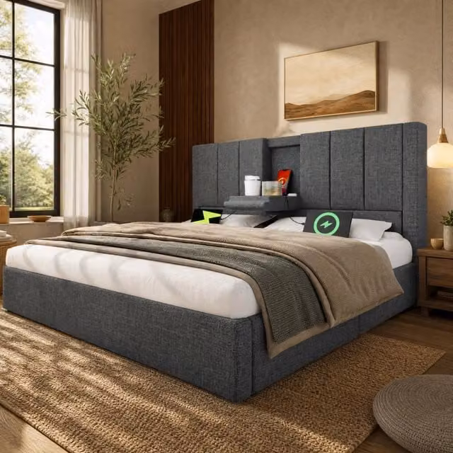 Letto imbottito matrimoniale 140x190 cm con porta bicchiere nascosto e stazione di ricarica, struttura idraulica con contenitore sotto il letto, rete a doghe inclusa, grigio lino (senza materasso)
