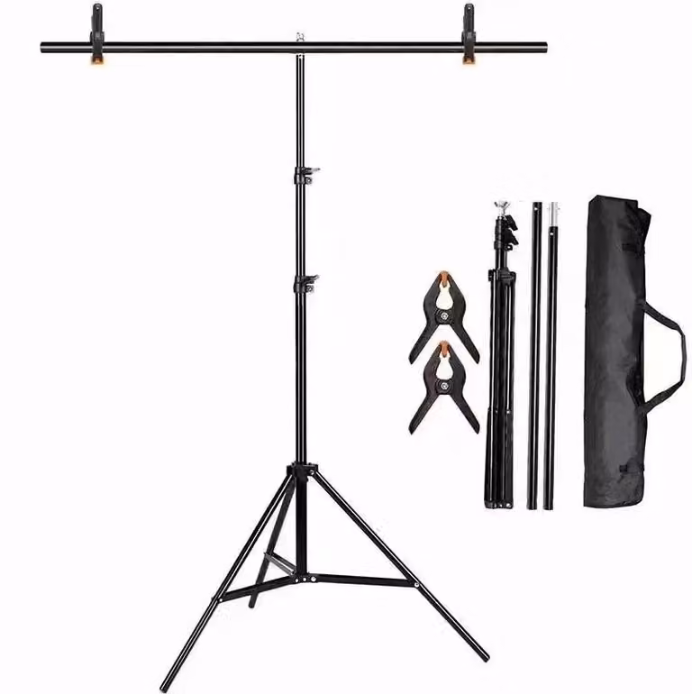 Supporto per fondali fotografici - Sistema per fondali - Altezza regolabile da 72 a 213 cm - Larghezza da 150 a 300 cm - 6 morsetti a dentatura - 4 robuste clip a molla - Morsetti triangolari con sacchetto di sabbia