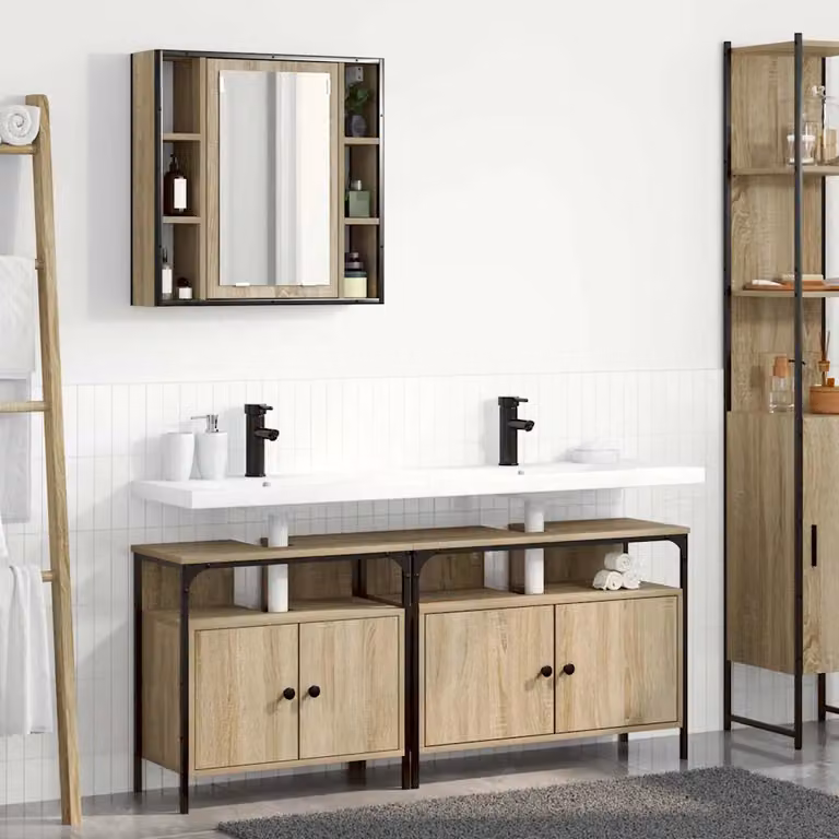 Set di mobili per il bagno vidaXL 3 pezzi in legno e metallo marrone e nero L/P/H: 80 x 30 x 60 cm