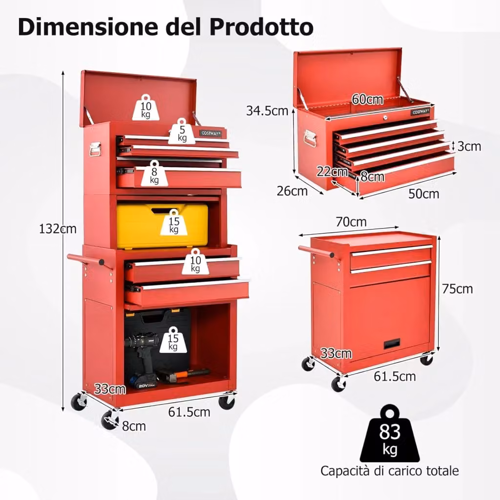 Cassettiera Portautensili Costway con 6 Cassetti in Metallo, Carrello per Attrezzi con Ruote Bloccabili, Ripiano Rimovibile e Serratura, Rosso, L: 61,5 cm, P: 33 cm, H: 132 cm – 2