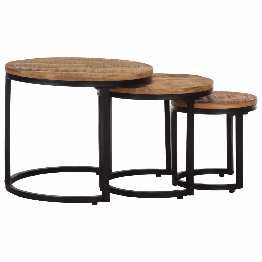Set di 3 tavolini laterali vidaXL in legno di mango grezzo e metallo, stile industriale, colore marrone – 2