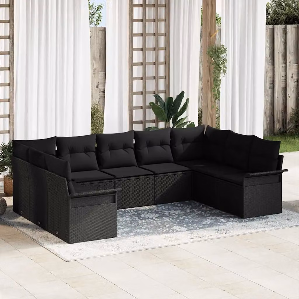 Set Divano da Giardino a L con Polyrattan e Cuscini Neri vidaXL con Tavolino da Esterno in Vetro – 1
