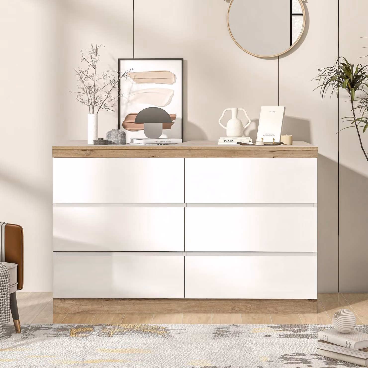 Cassettiera Sweiko con 6 cassetti, armadietto, funzione contenitore, per camera da letto e soggiorno, in truciolato E1, bianco+rovere
