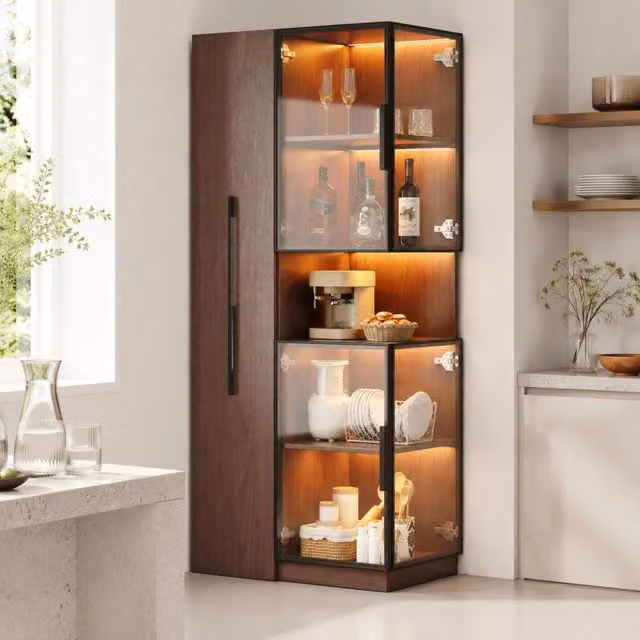 Vetrina ULEVR 70x38x160 cm con vetro temperato frontale e laterale, ripiani estraibili e LED multicolore, noce
