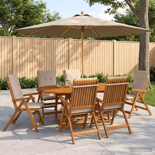 Set da pranzo da esterno vidaXL in legno di acacia oliato con ombrellone, 8 pezzi per 6 persone, beige e bianco