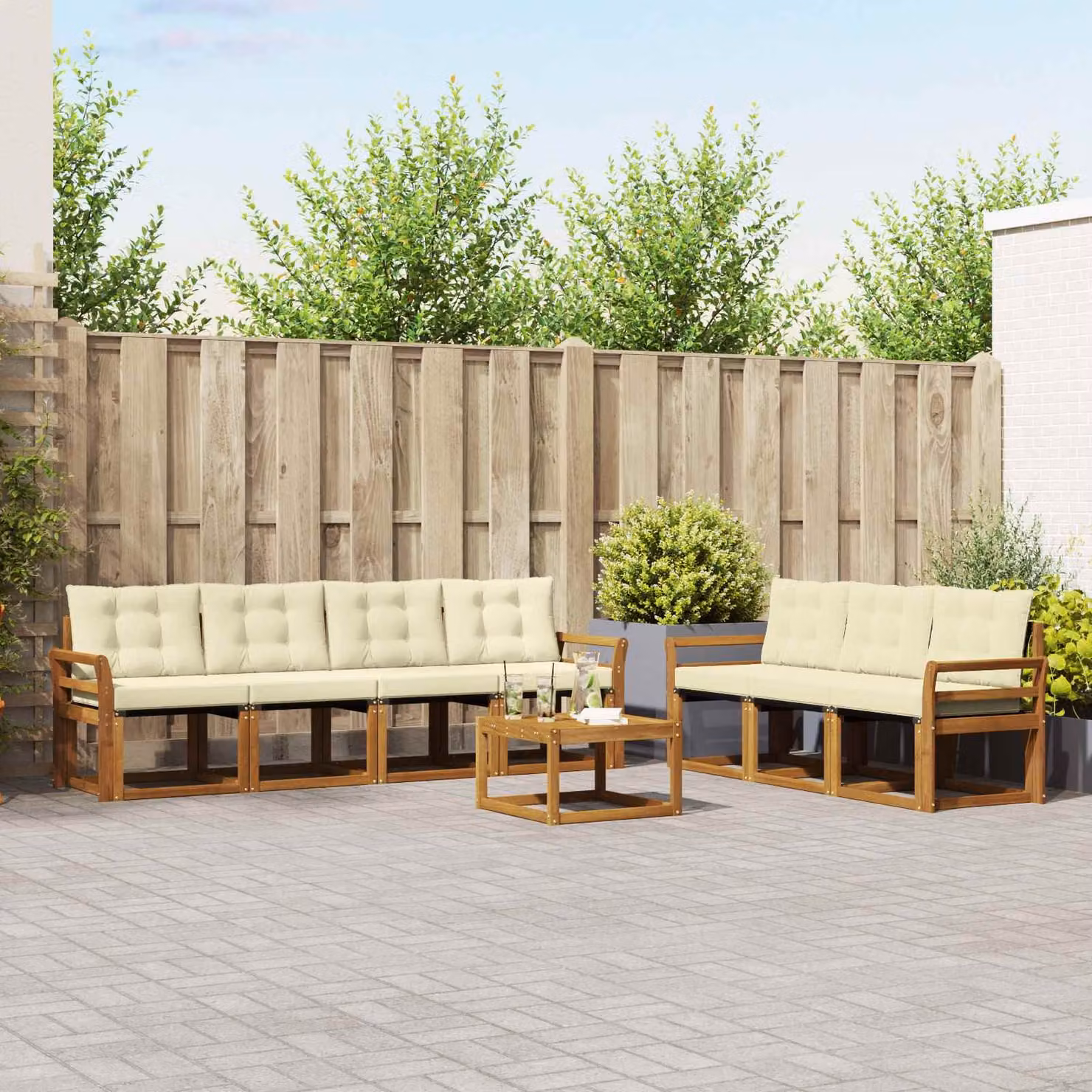 Set di divani da esterno vidaXL 8 pz in legno di acacia con tavolino e cuscini, colore naturale e crema