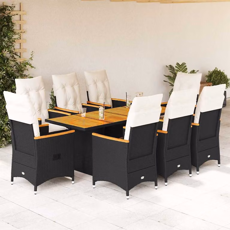 Set da pranzo da giardino vidaXL in polyrattan e legno di acacia con cuscini nero e bianco, 9 pezzi