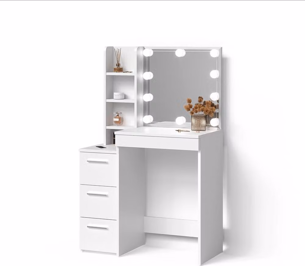 Tavolo da toeletta Livinity Ivera Bianco 79.9 cm con specchio e catena luminosa LED, Model 52359