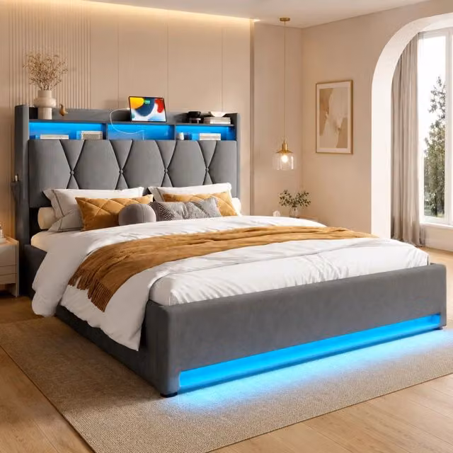 Letto Imbottito REDOM in Velluto Grigio con LED, USB e Vano Contenitore, L/P/H: 160 x 200 x 126 cm