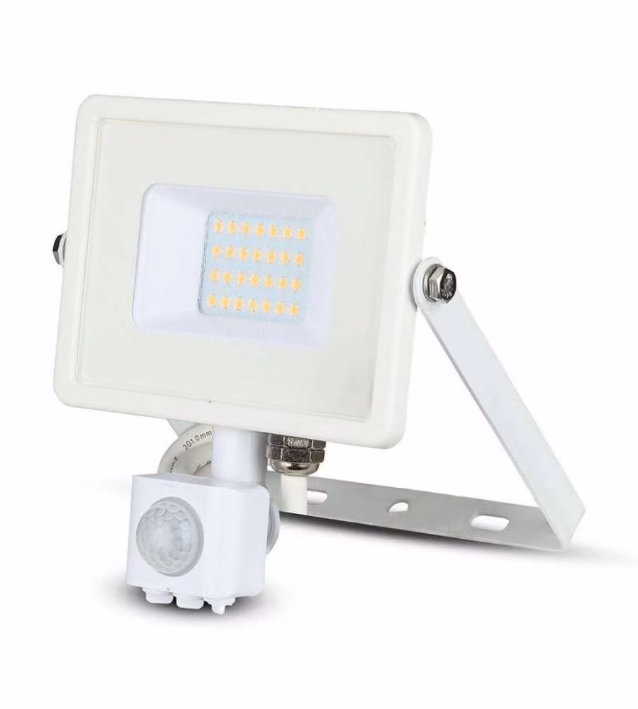 Faro LED V-TAC da 20W con Chip Samsung, Bianco, Luce Calda 3000K, Sensore di Movimento e Crepuscolare, Grado di Protezione IP65