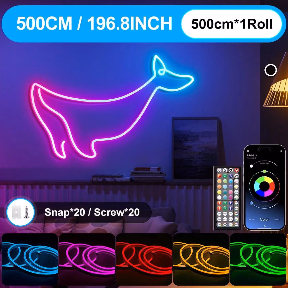 Tubo LED effetto neon - Striscia luminosa RGB flessibile - 5 metri - Controllo tramite app e telecomando - Sincronizzazione con la musica - Grado di protezione IP65 (resistente all'acqua) - Adatta per interni ed esterni