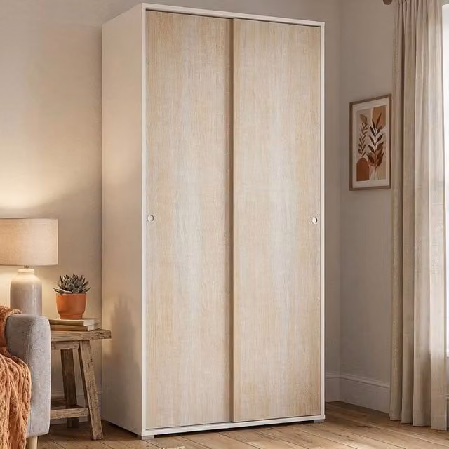 Armadio DMORA per camera da letto con ante scorrevoli e ripiani interni, Rovere, L: 90 cm, P: 45 cm, H: 195 cm – 1